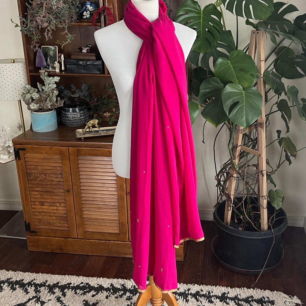 India Sari Magenta Pink Beaded Embroidered Scarf Wrap